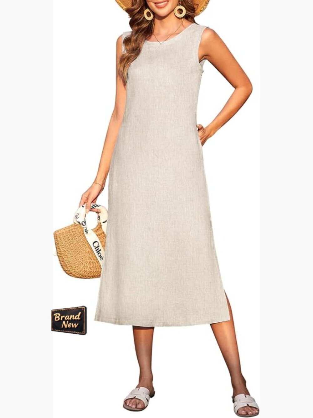 100% Linen Midi Dress Sleeveless Backless Summer Casual